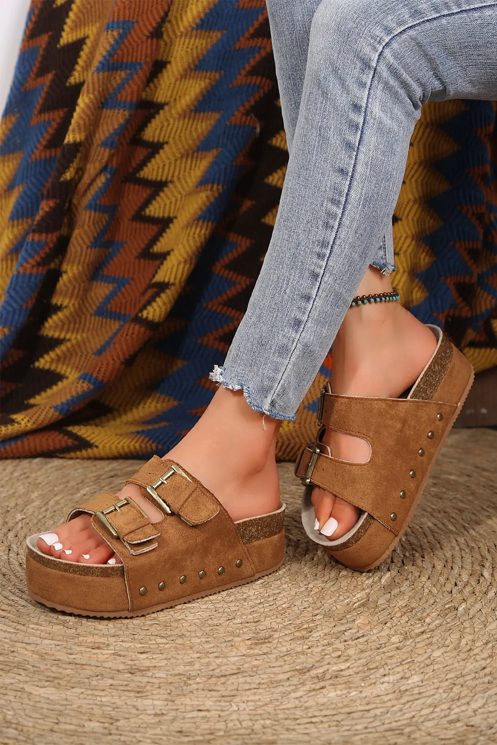 Beige Suede Buckle Decor Corky Platform Sandals