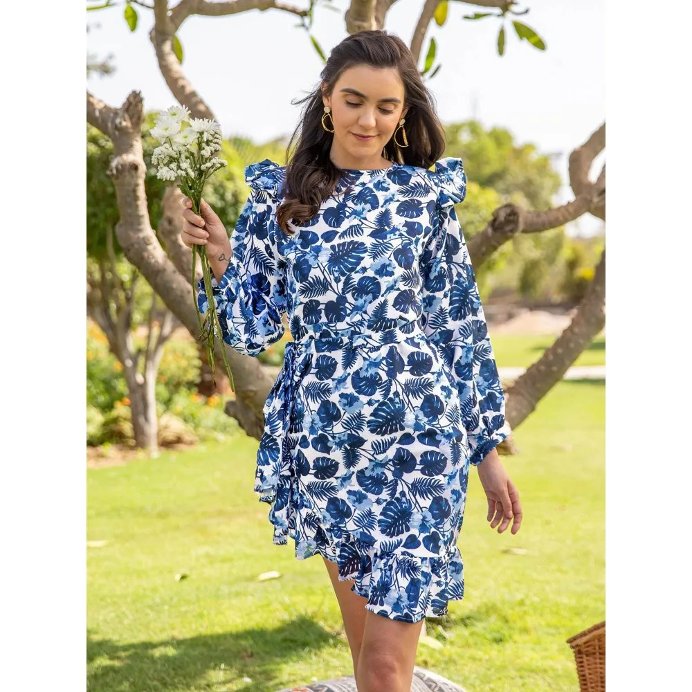 B'Infinite Blue Leaves Asymmetric Dress