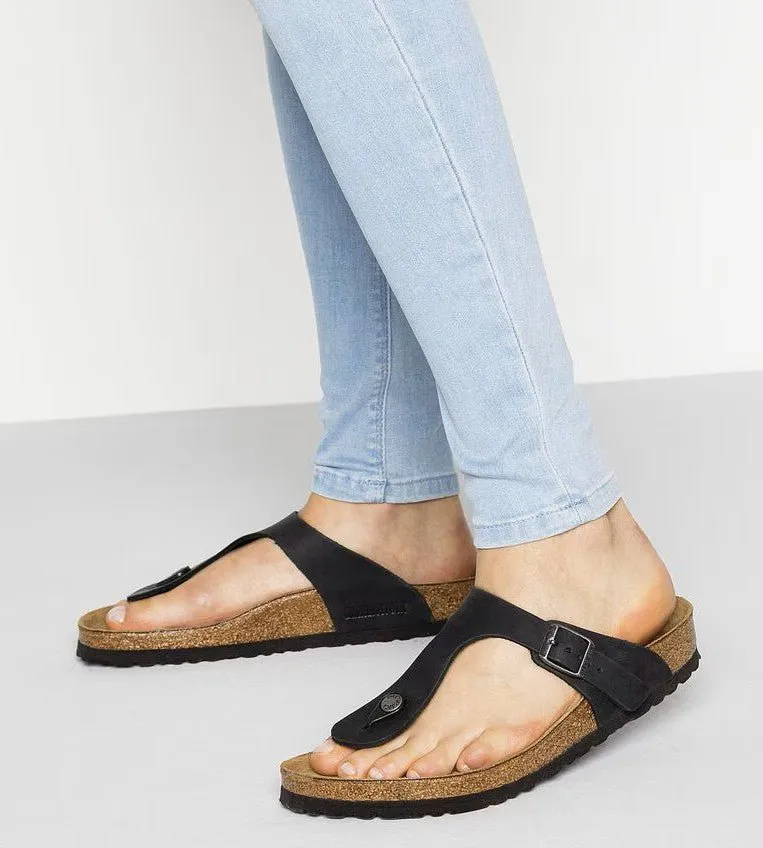Birkenstock Gizeh Sandals - Black Oiled Leather | Comfortable Cork Footbed