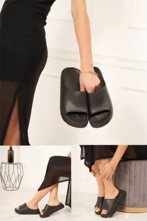 BLACK PLATFORM SLIP ON SLIDES SUMMER SANDALS