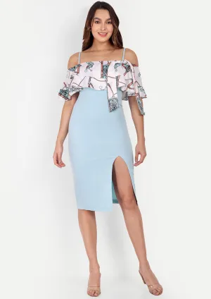 Blue Bodycon Midi Dress With Printed Cold-Shoulder Ruffles