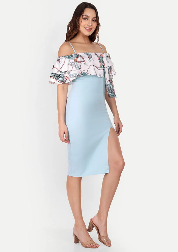 Blue Bodycon Midi Dress With Printed Cold-Shoulder Ruffles