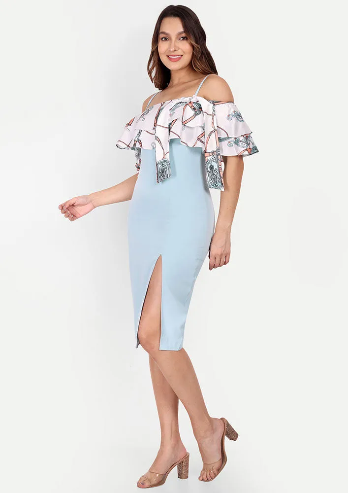 Blue Bodycon Midi Dress With Printed Cold-Shoulder Ruffles