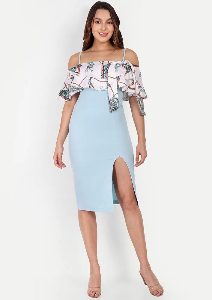 Blue Bodycon Midi Dress With Printed Cold-Shoulder Ruffles