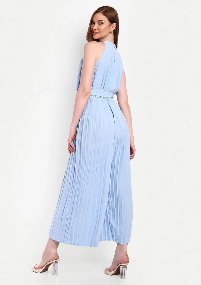 Blue Halter Neck Pleated Wide Leg Jumpsuit