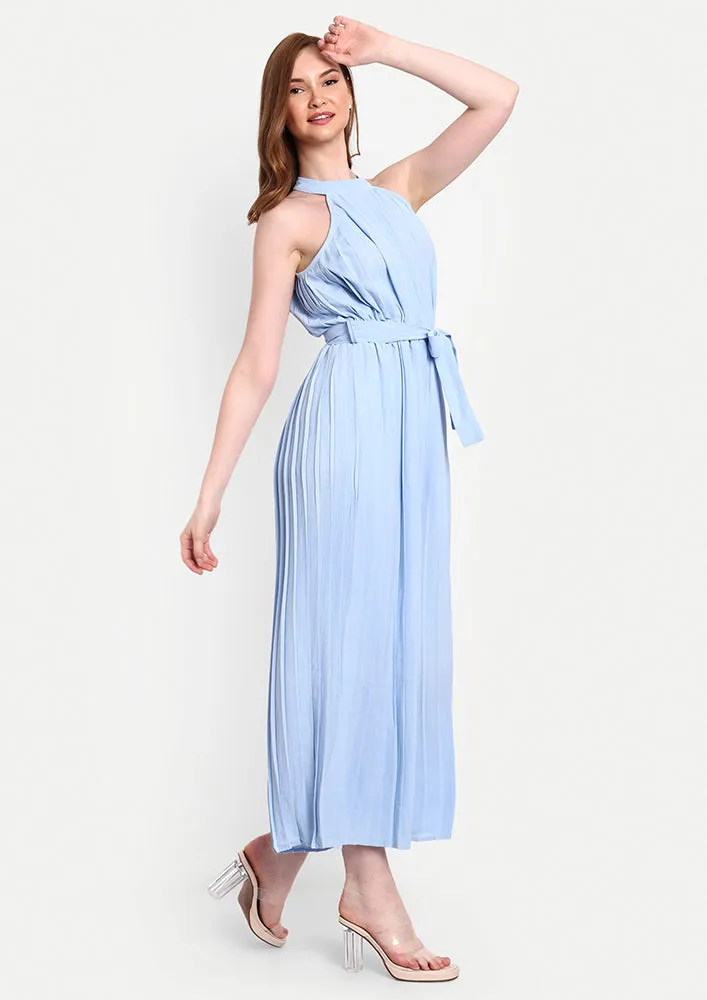 Blue Halter Neck Pleated Wide Leg Jumpsuit
