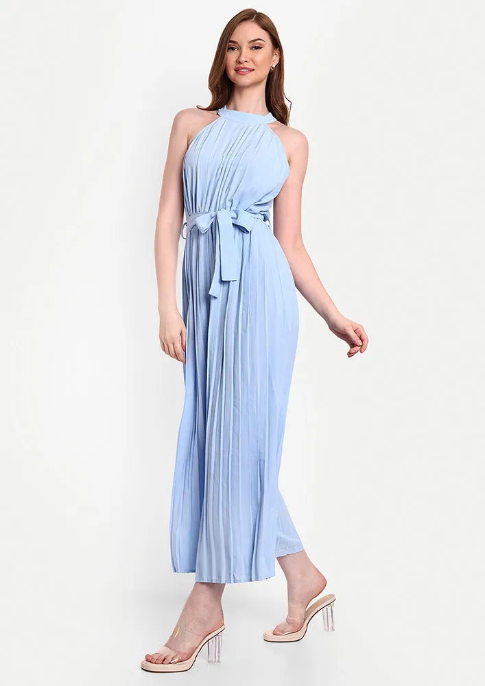 Blue Halter Neck Pleated Wide Leg Jumpsuit