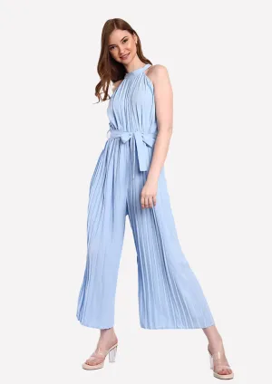 Blue Halter Neck Pleated Wide Leg Jumpsuit