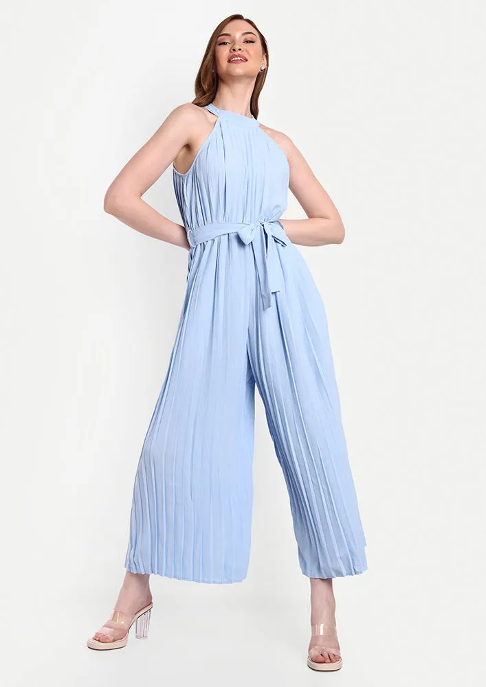 Blue Halter Neck Pleated Wide Leg Jumpsuit