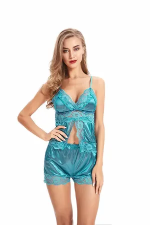 Blue Sleepwear for Women - Silky Lace 2 Piece Nightwear Lingerie Set