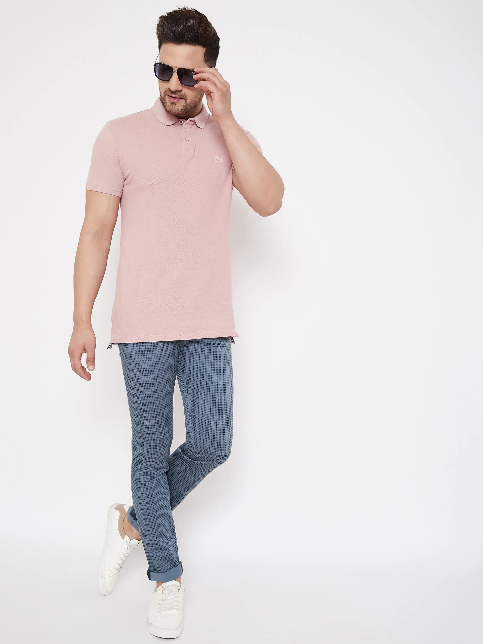 Blue Slim Fit Checked Trousers