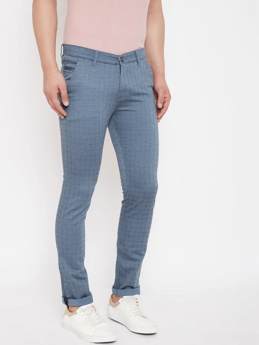 Blue Slim Fit Checked Trousers