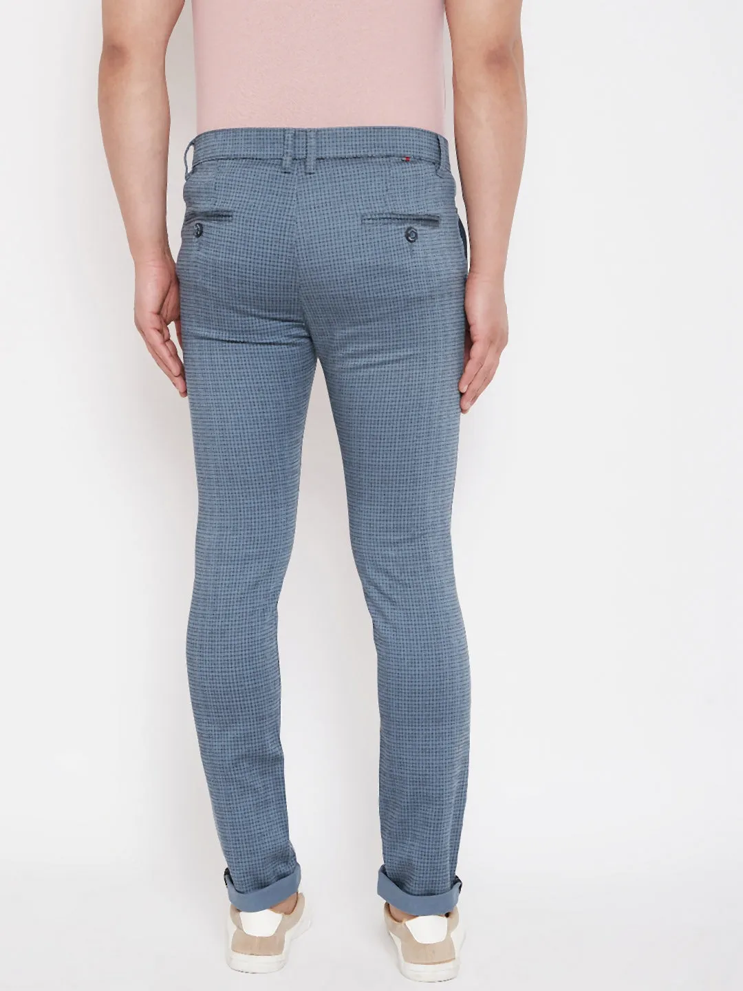 Blue Slim Fit Checked Trousers