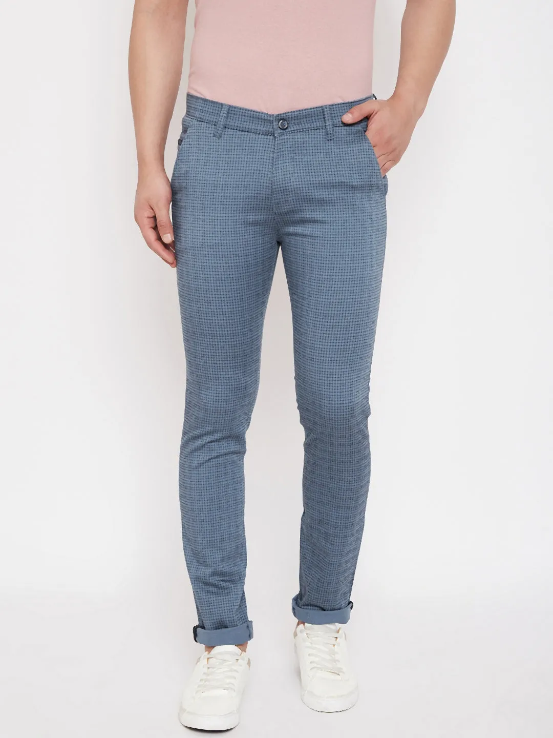 Blue Slim Fit Checked Trousers