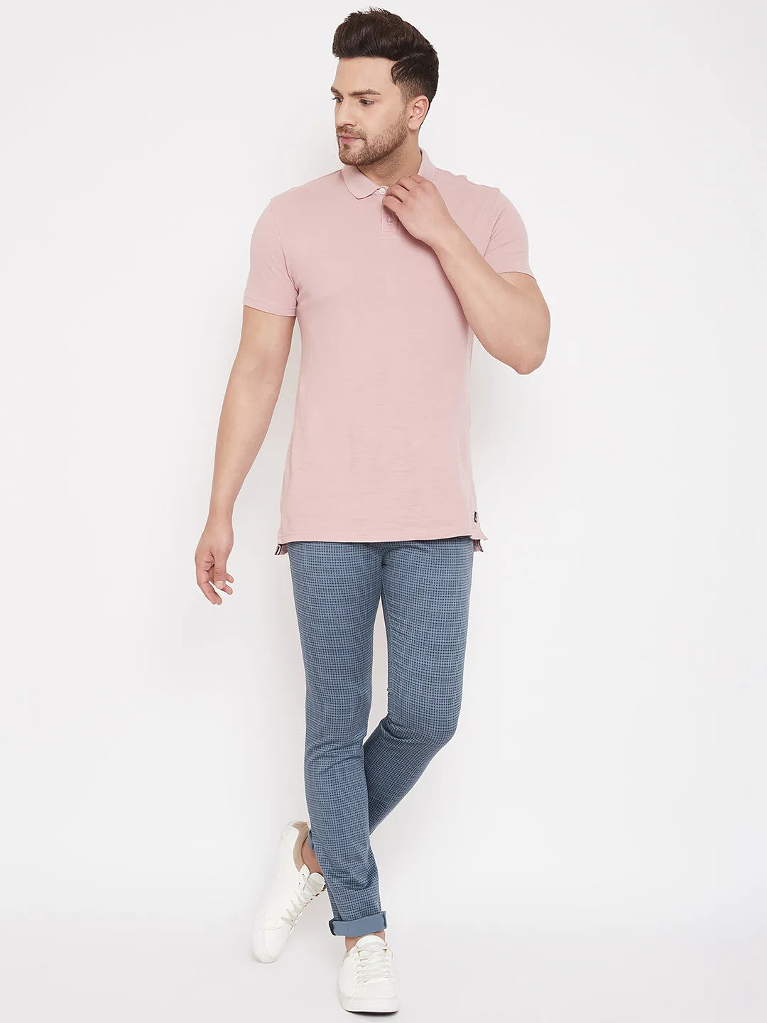 Blue Slim Fit Checked Trousers