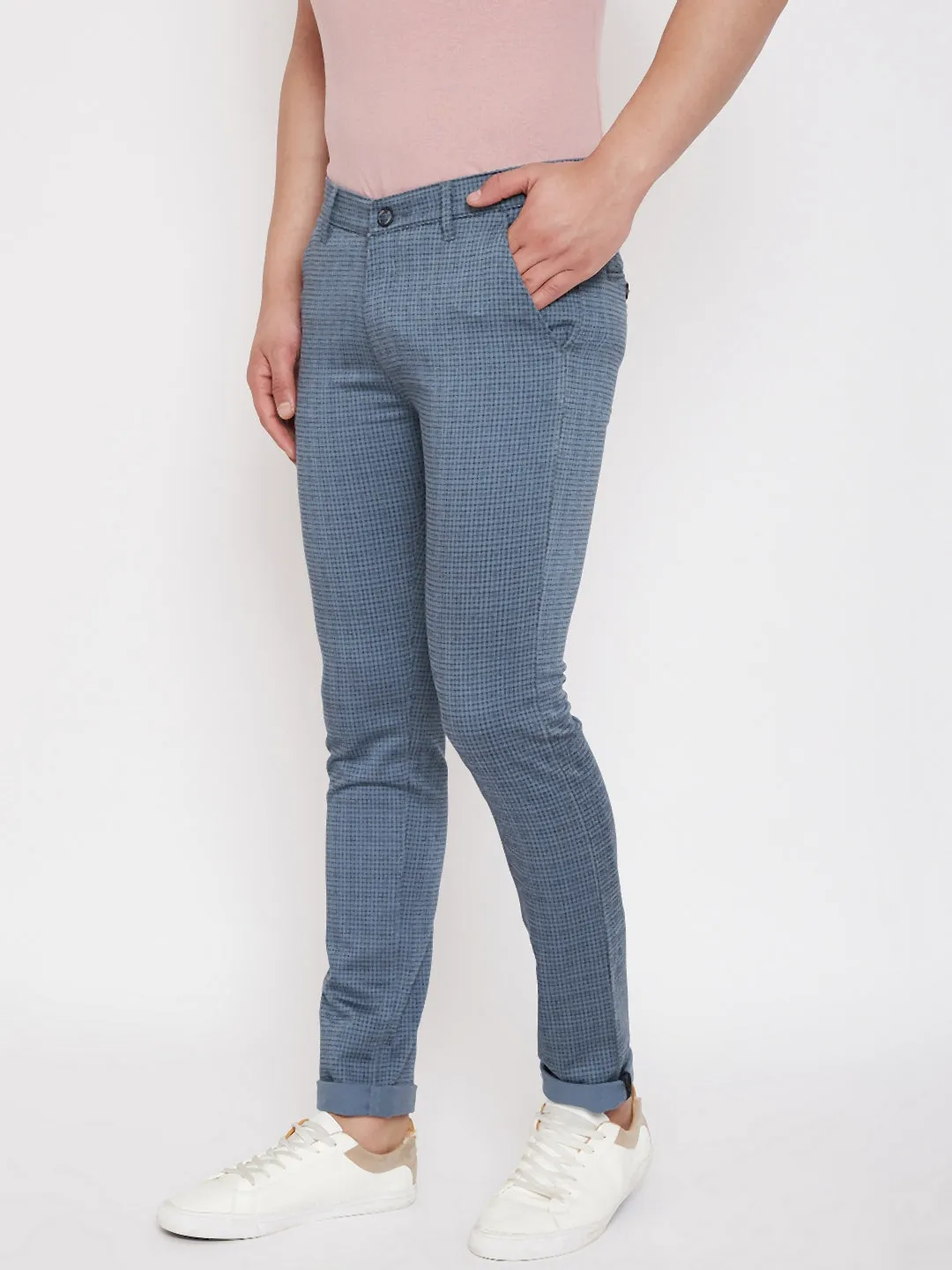 Blue Slim Fit Checked Trousers