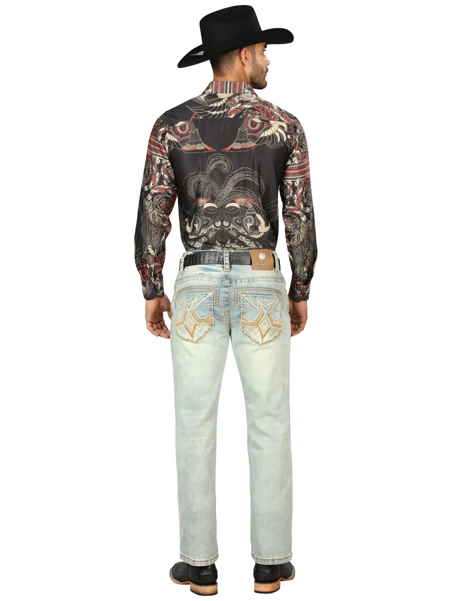 Centenario Mens Denim Boot cut Jeans with Embroidered Details -Light Blue