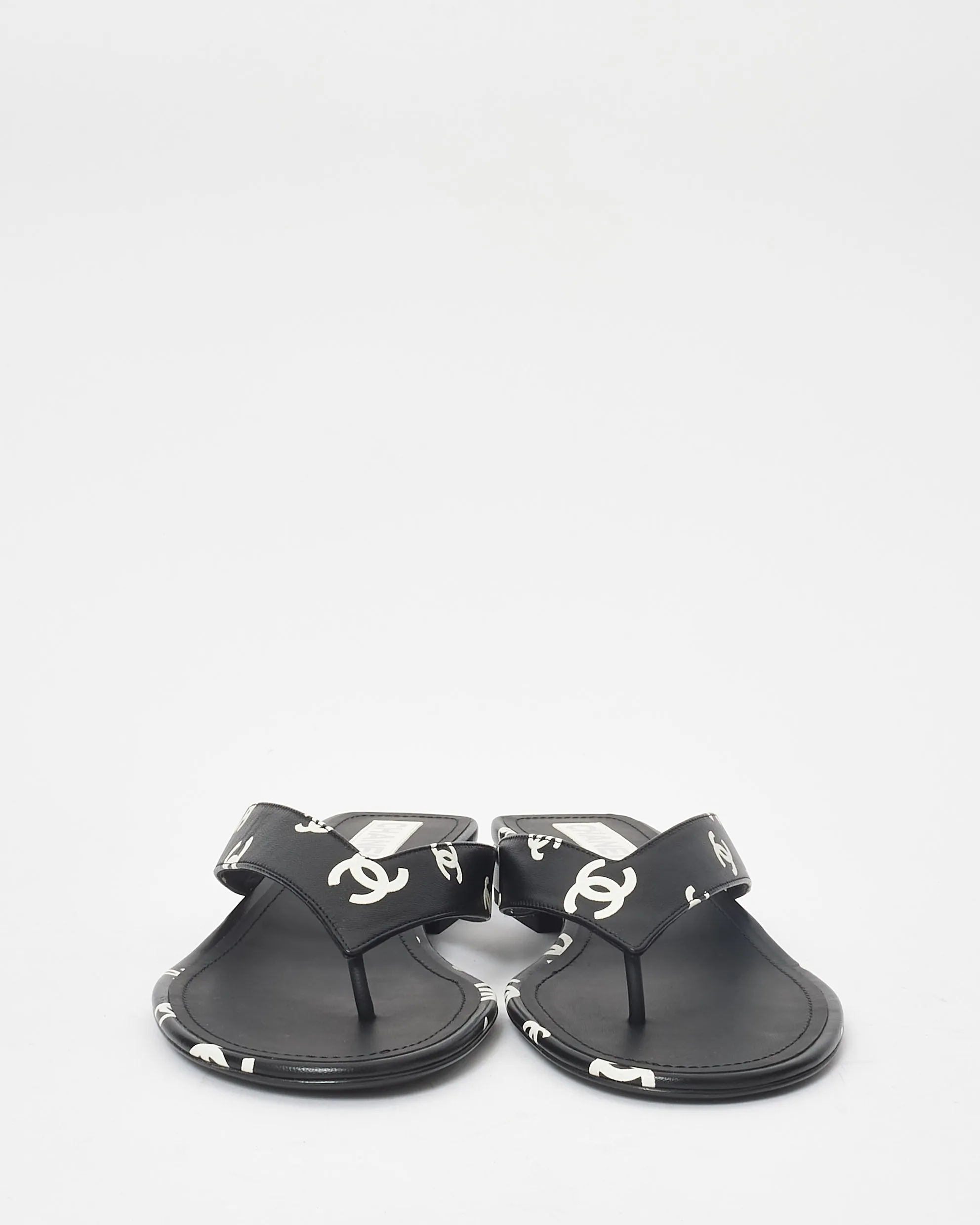 Chanel Black & White Logo Leather 22S Flip Flop Sandals - 42
