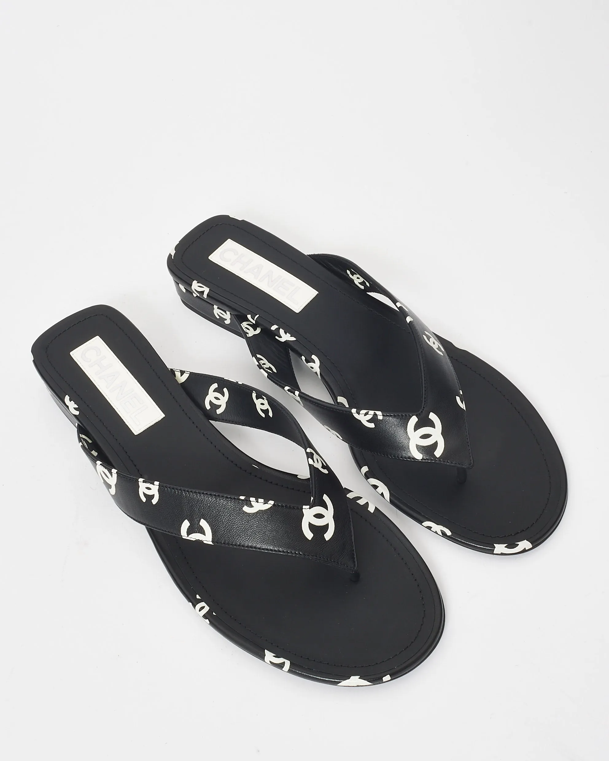Chanel Black & White Logo Leather 22S Flip Flop Sandals - 42