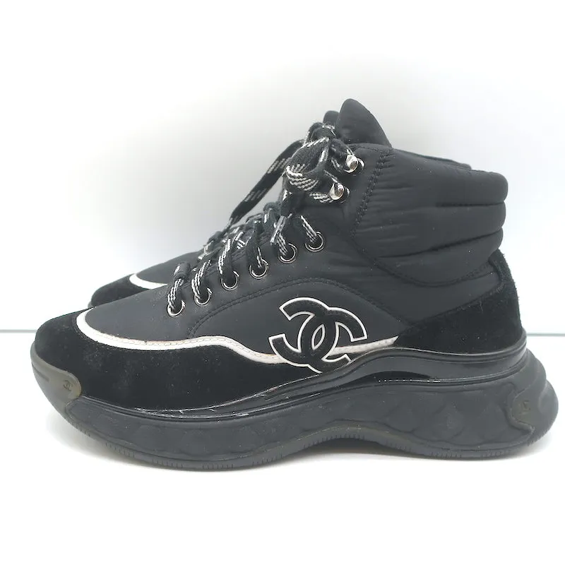 Chanel CC Platform High Top Sneakers Black Nylon & Suede Size 35.5
