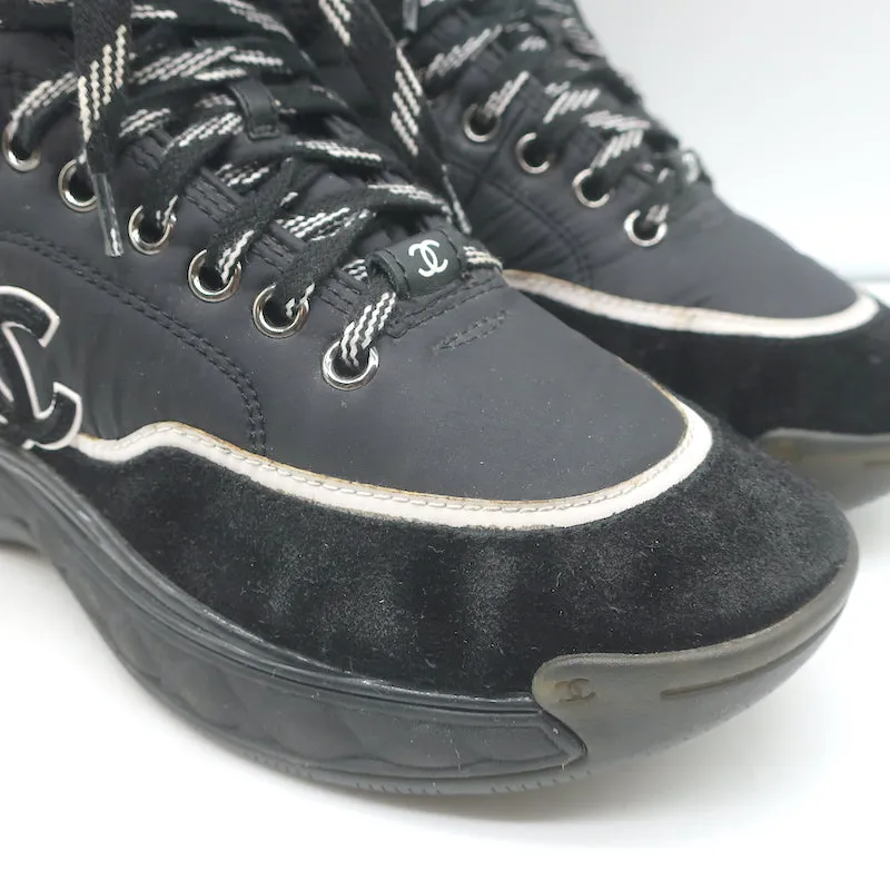 Chanel CC Platform High Top Sneakers Black Nylon & Suede Size 35.5