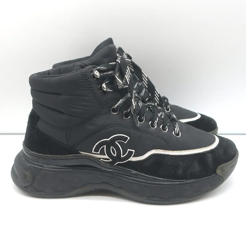 Chanel CC Platform High Top Sneakers Black Nylon & Suede Size 35.5