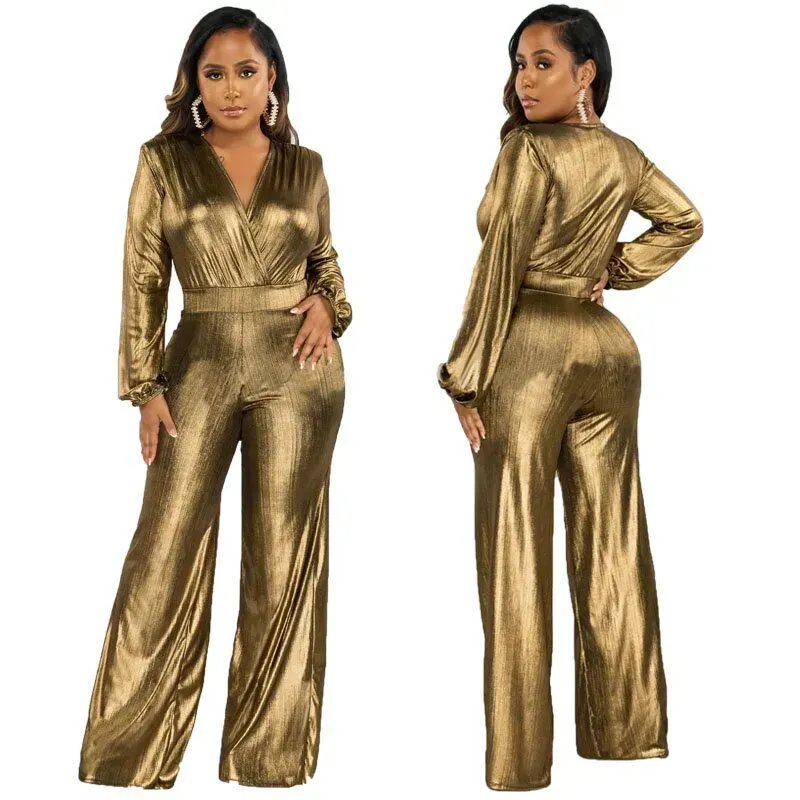 Charlotte Long Sleeve Metallic Wrap Wide Leg Jumpsuit