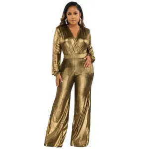 Charlotte Long Sleeve Metallic Wrap Wide Leg Jumpsuit