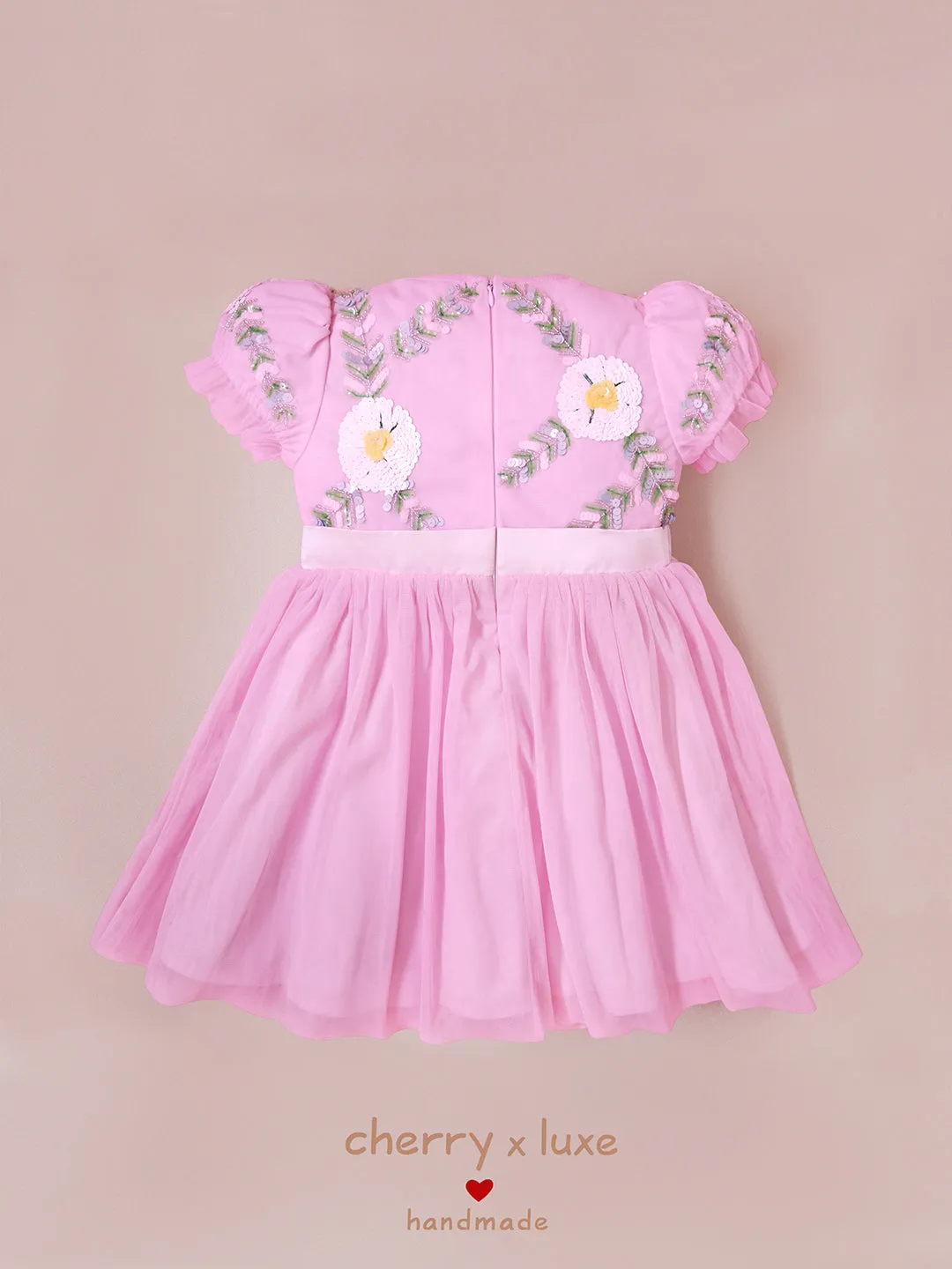 Cherry Crumble Pink Solid 100% Polyester Half Sleeves Round Neck Party Wear Fit & Flare Sequin and Beads Summer Dress For Girls