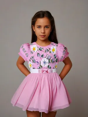 Cherry Crumble Pink Solid 100% Polyester Half Sleeves Round Neck Party Wear Fit & Flare Sequin and Beads Summer Dress For Girls