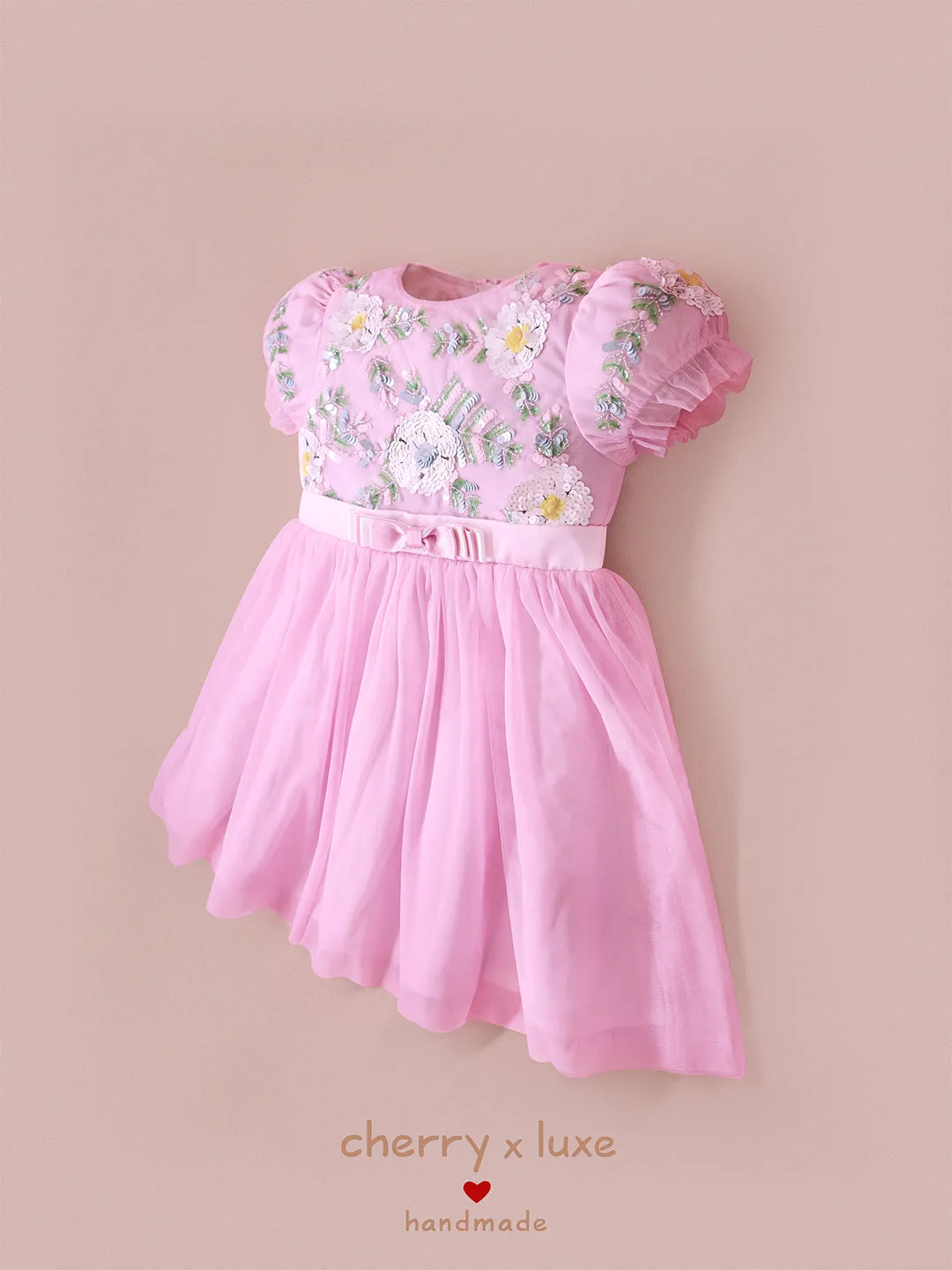 Cherry Crumble Pink Solid 100% Polyester Half Sleeves Round Neck Party Wear Fit & Flare Sequin and Beads Summer Dress For Girls