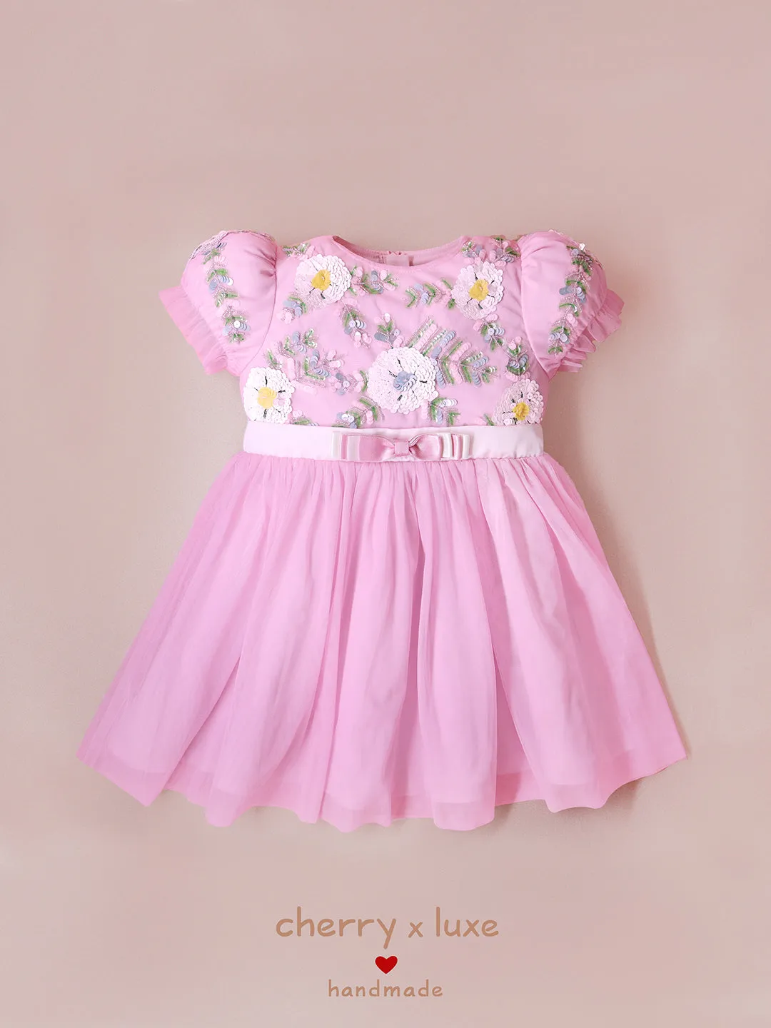 Cherry Crumble Pink Solid 100% Polyester Half Sleeves Round Neck Party Wear Fit & Flare Sequin and Beads Summer Dress For Girls