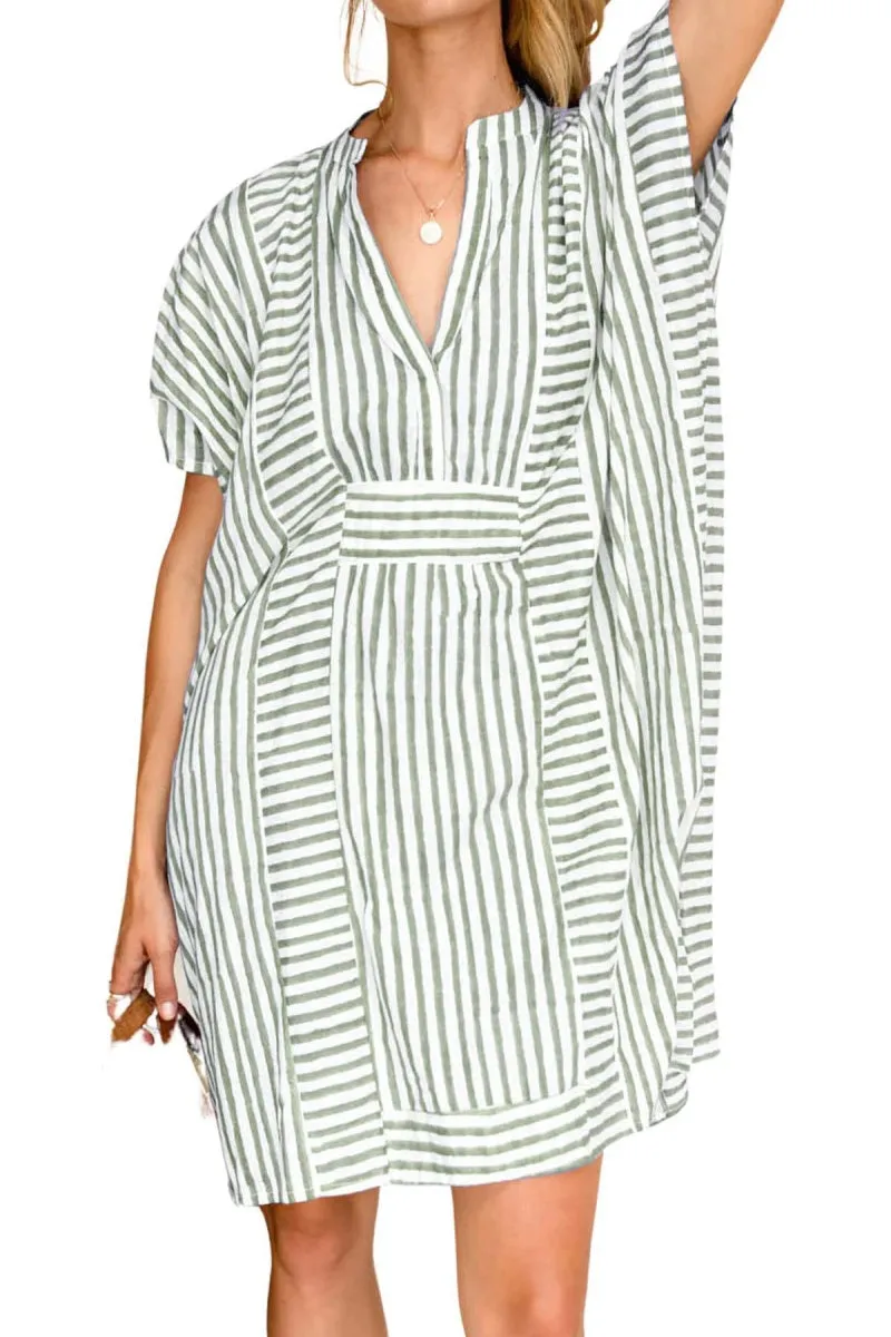Chouyatou Womens Summer Loose Stripe Beach Dress Cover Ups Casual Batwing Sleeve Midi Tunic Shirt Dress