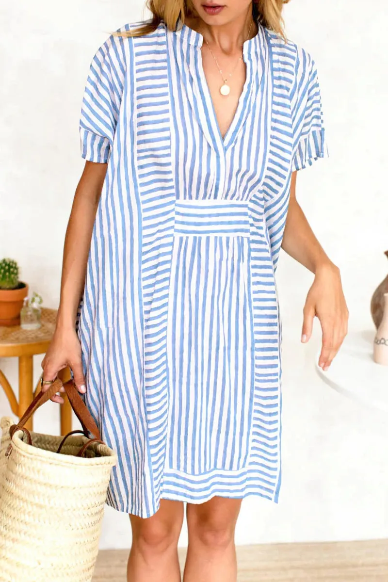 Chouyatou Womens Summer Loose Stripe Beach Dress Cover Ups Casual Batwing Sleeve Midi Tunic Shirt Dress