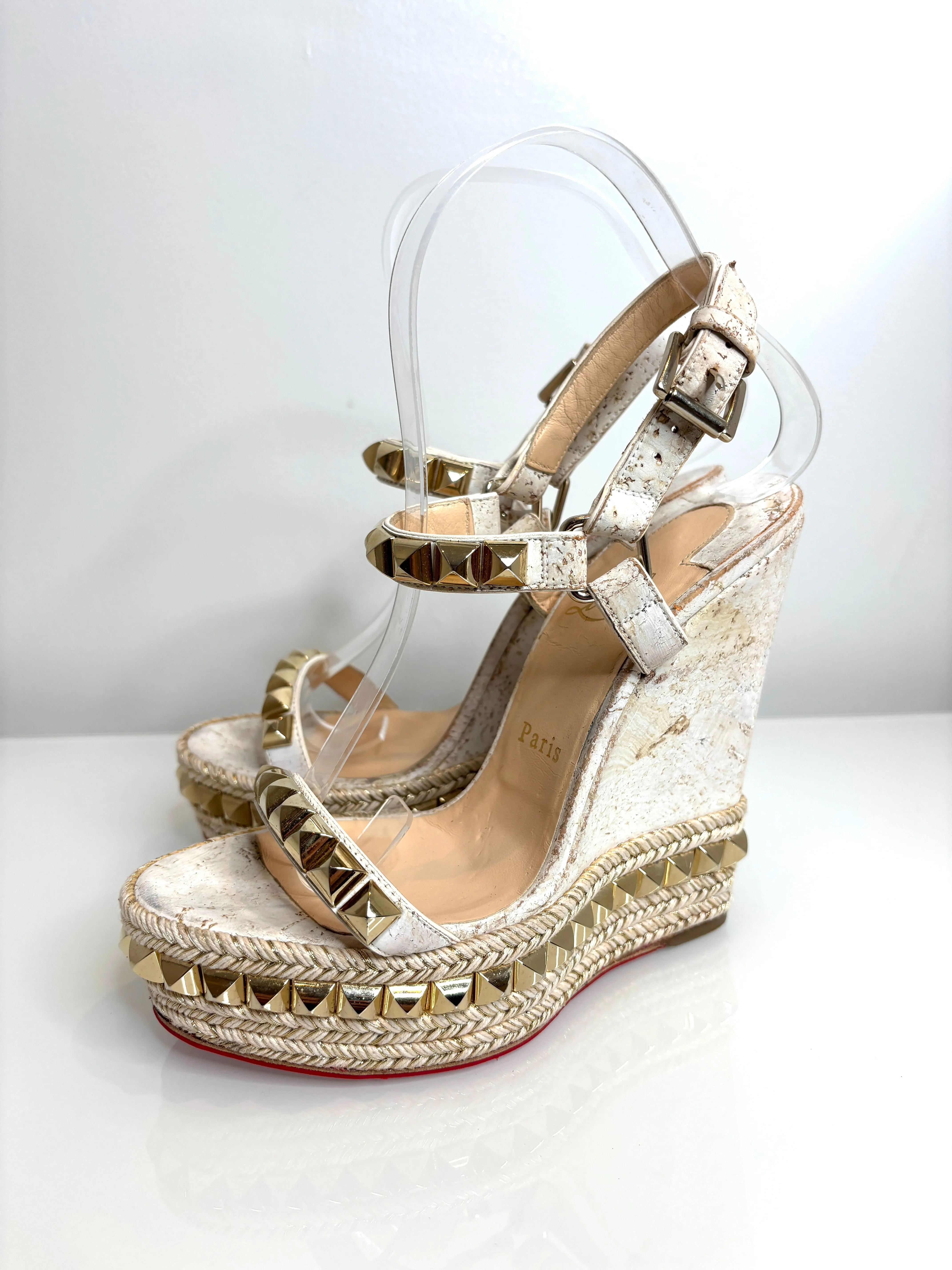 Christian Louboutin Cataclou White/Light Gold Wedge Sandals 36 UK3