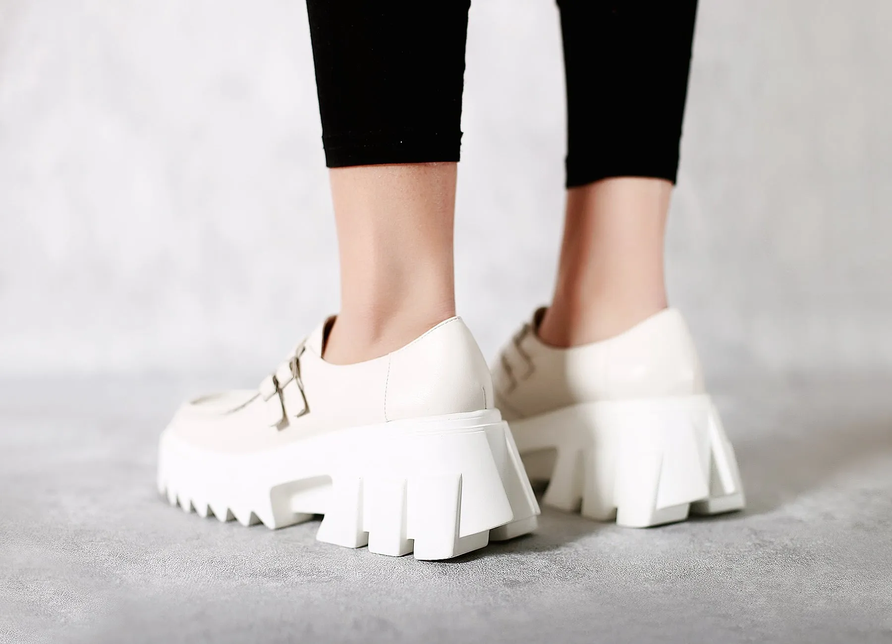 Chunky Heel Double-Buckle Loafer - Cream