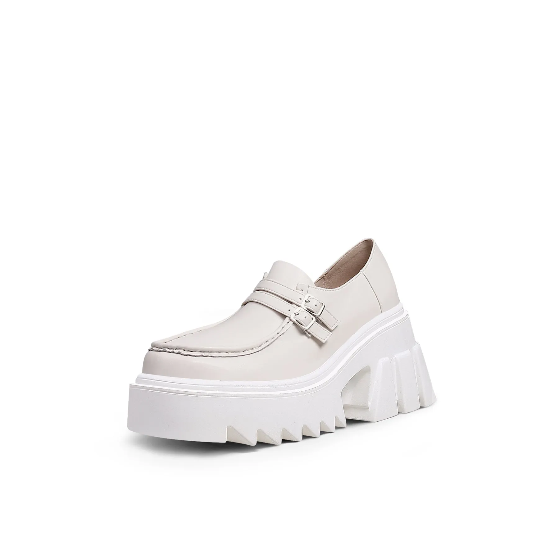 Chunky Heel Double-Buckle Loafer - Cream