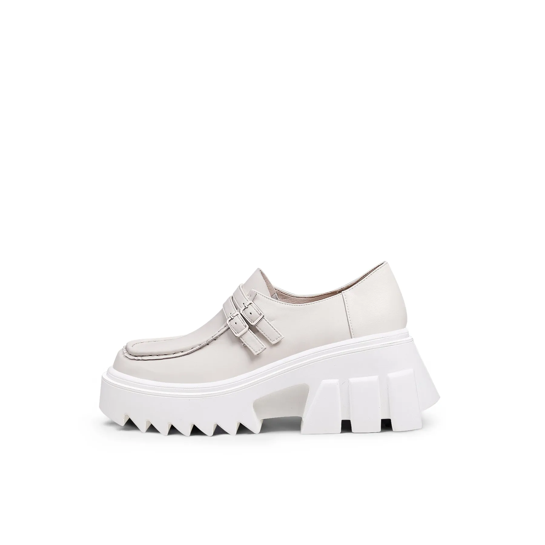 Chunky Heel Double-Buckle Loafer - Cream