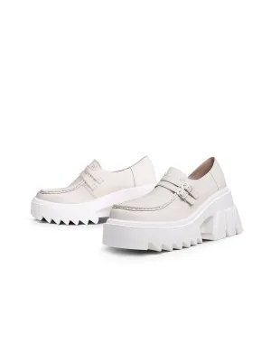 Chunky Heel Double-Buckle Loafer - Cream