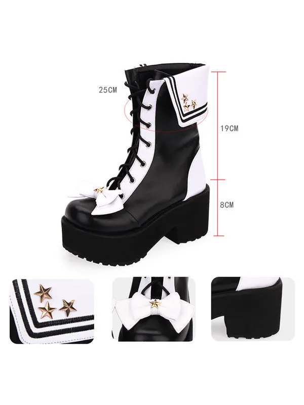 Classic Lolita Boots Lace Up Bow Two Tone Platform Black Lolita Shoes