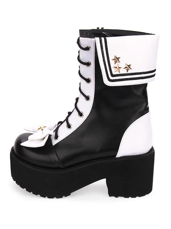 Classic Lolita Boots Lace Up Bow Two Tone Platform Black Lolita Shoes