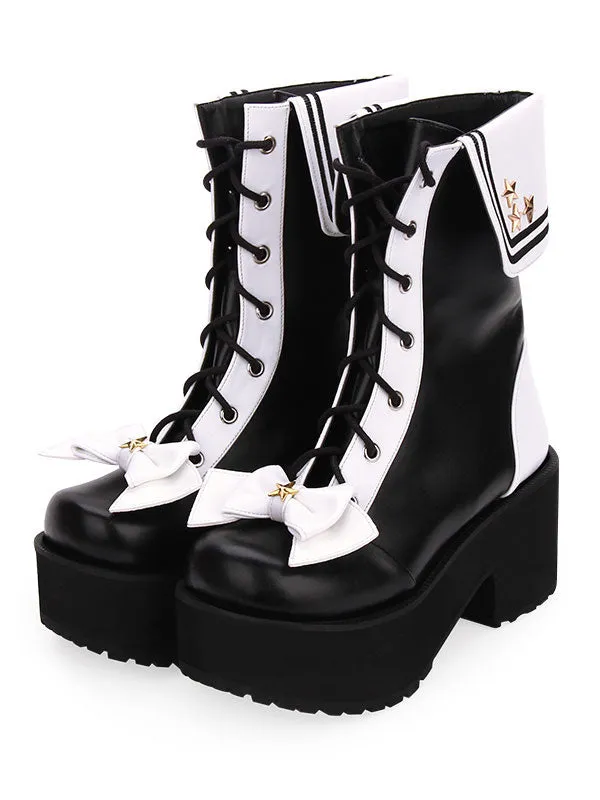 Classic Lolita Boots Lace Up Bow Two Tone Platform Black Lolita Shoes