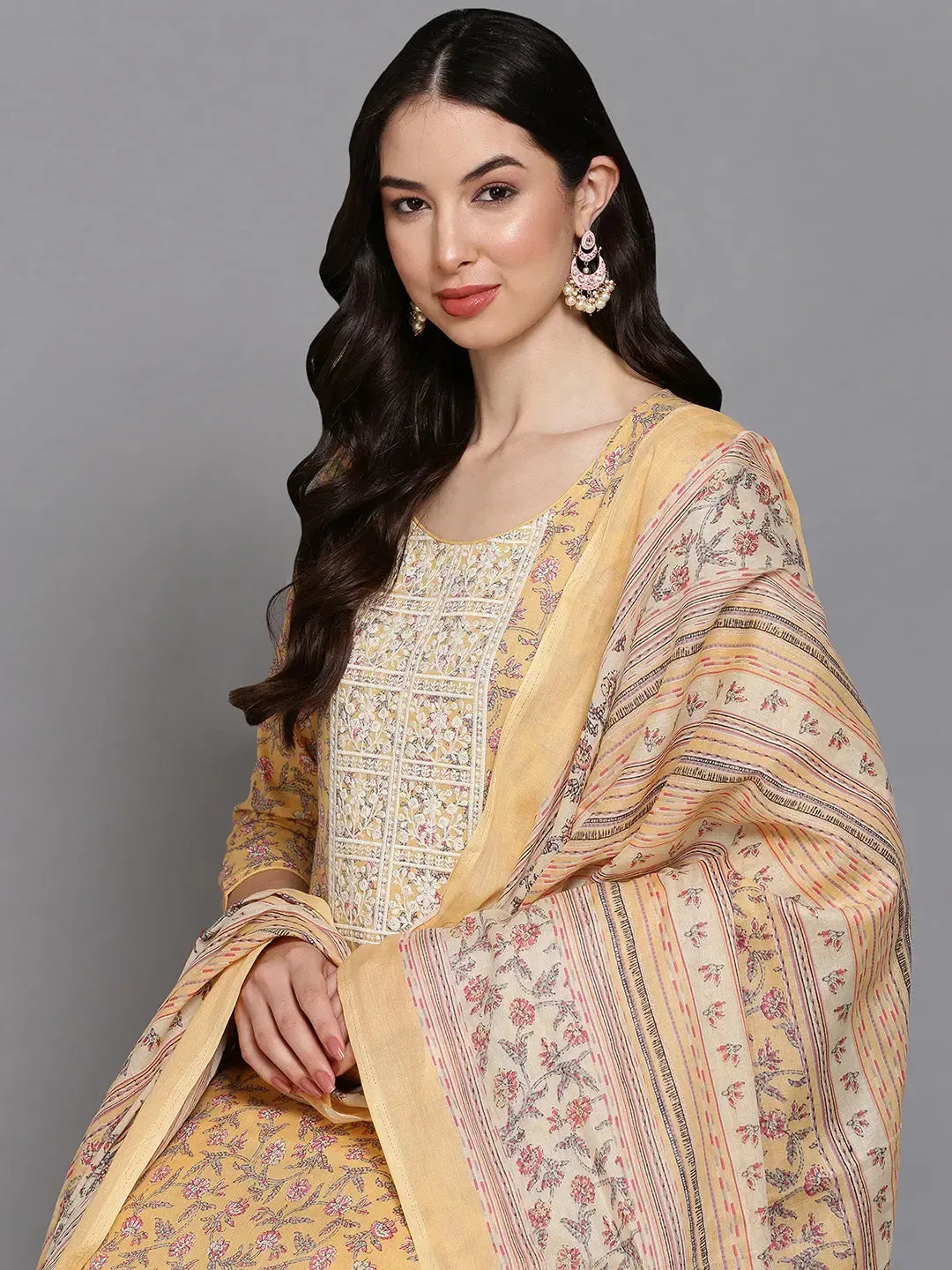 Cotton Blend Peach Printed Straight Kurta Pant-VKSKD1901
