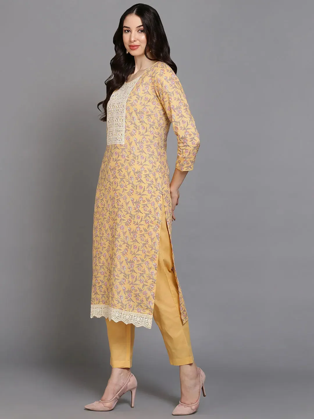 Cotton Blend Peach Printed Straight Kurta Pant-VKSKD1901
