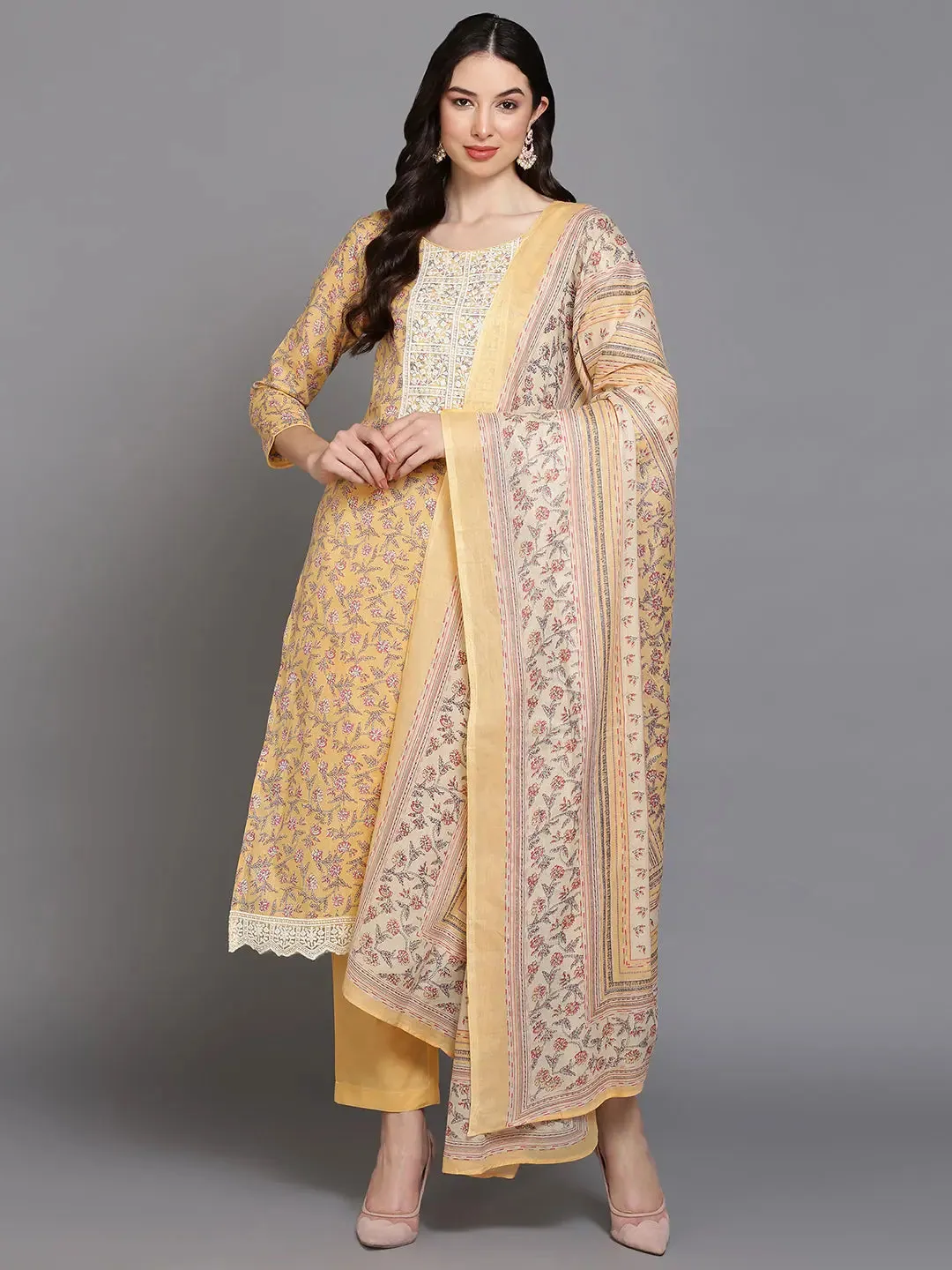 Cotton Blend Peach Printed Straight Kurta Pant-VKSKD1901