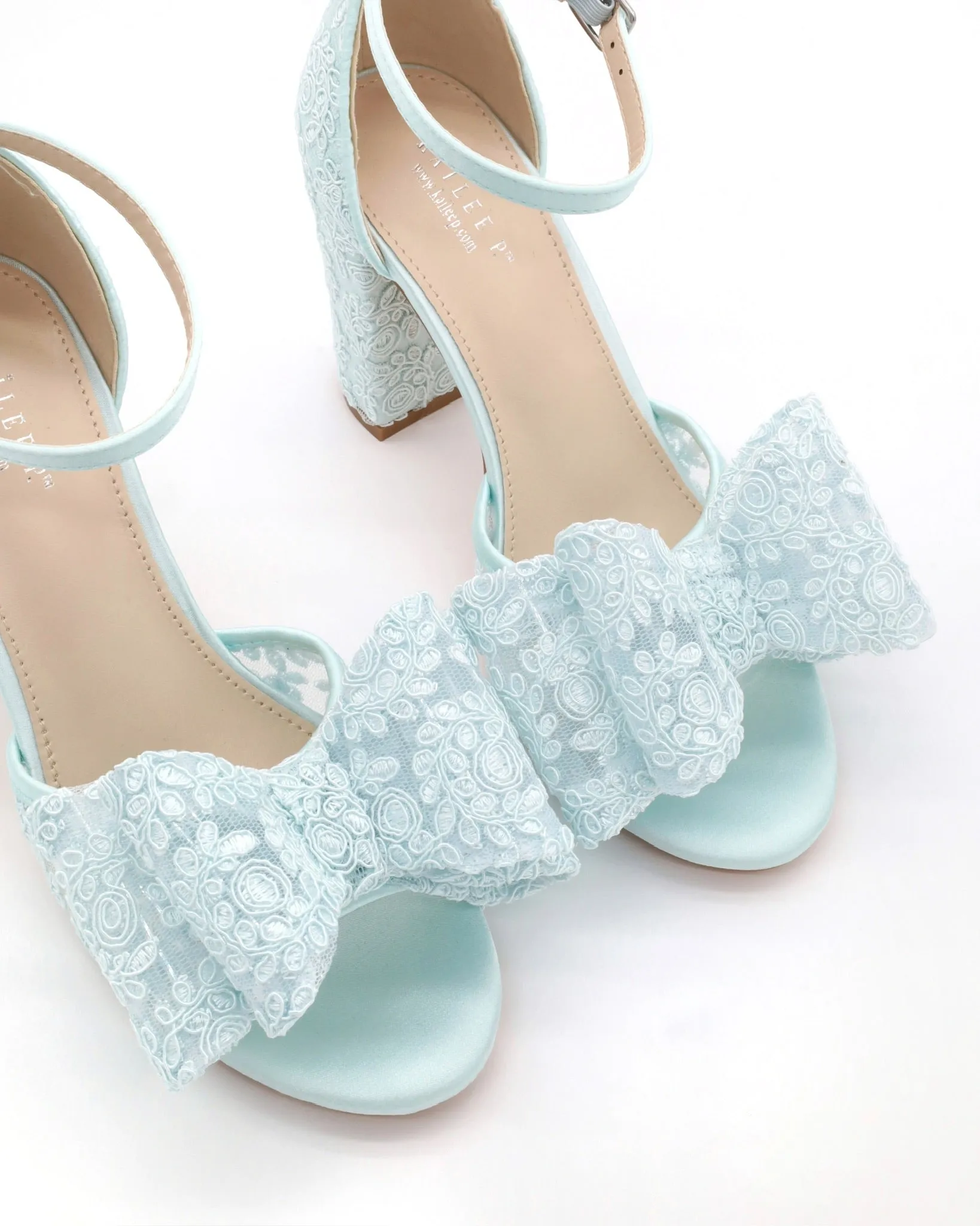 Crochet Lace Block Heel Sandals with Oversized Crochet Lace Bow