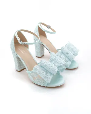Crochet Lace Block Heel Sandals with Oversized Crochet Lace Bow