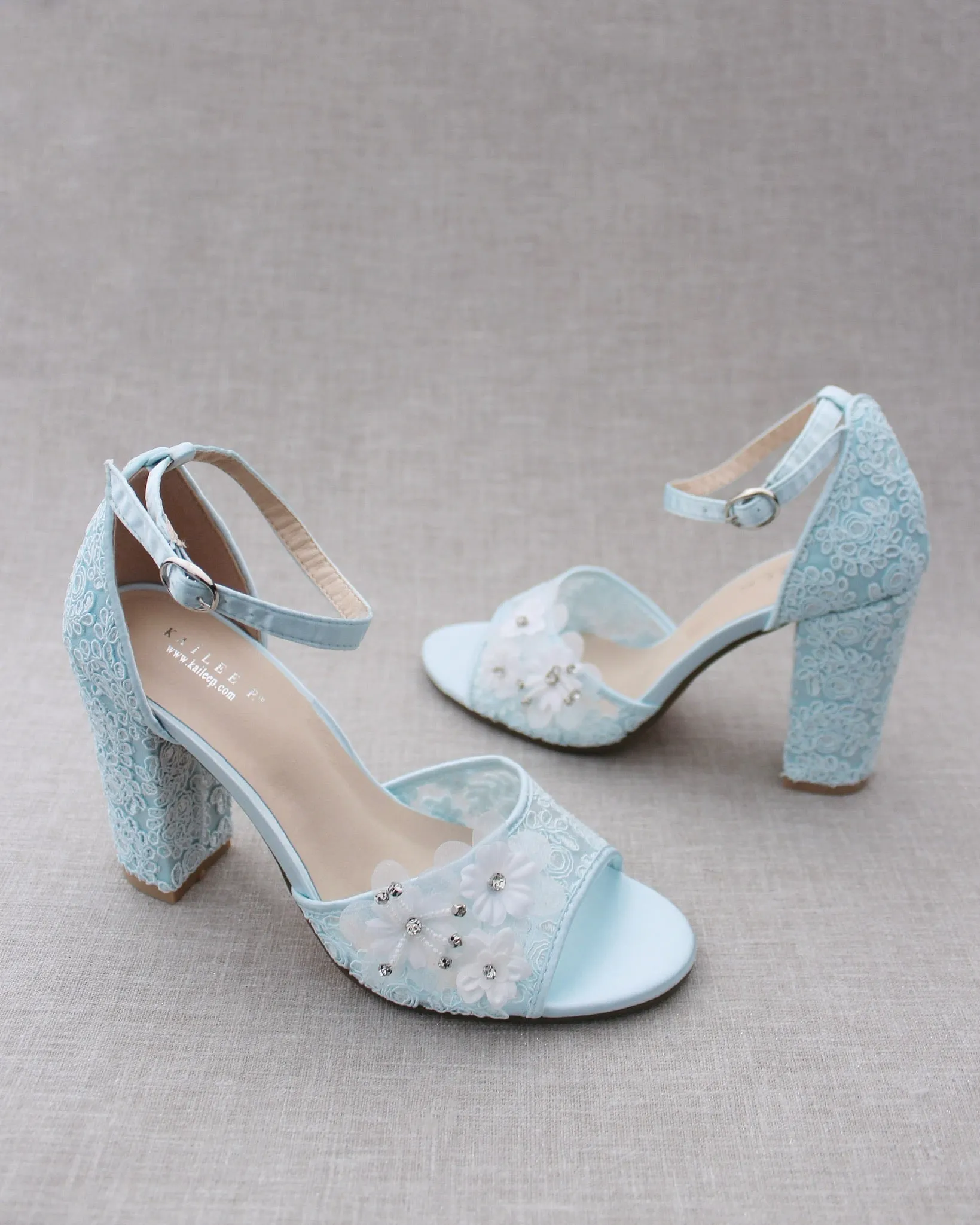 Crochet Lace Block Heel Sandals with White Flowers
