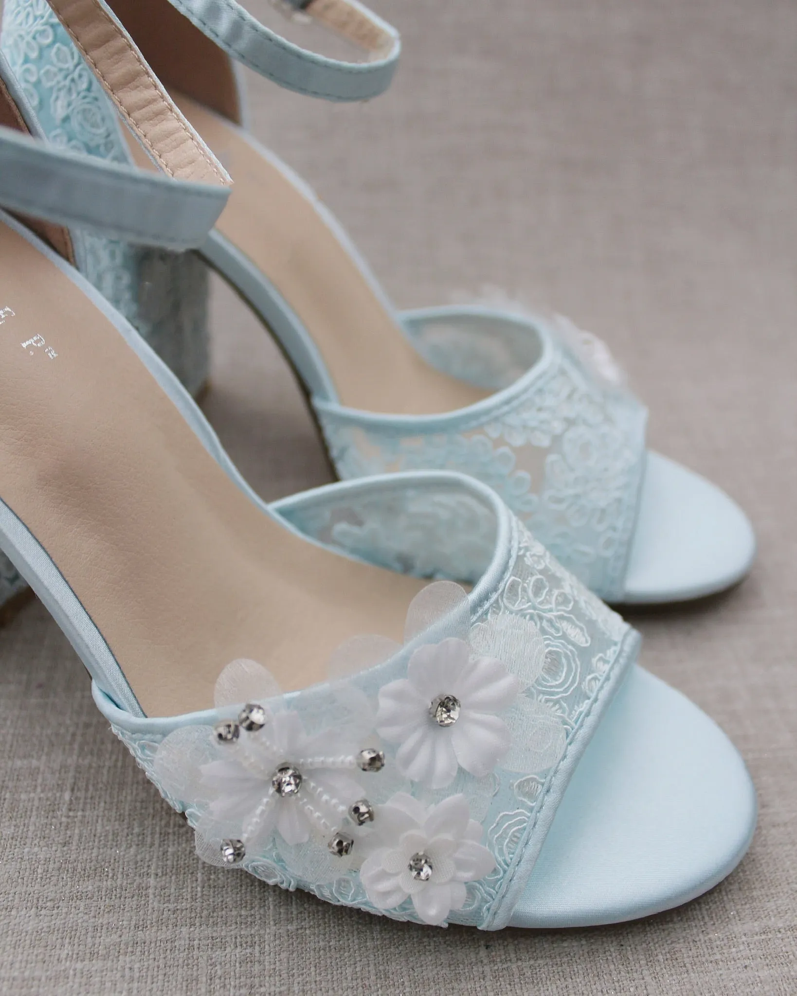 Crochet Lace Block Heel Sandals with White Flowers