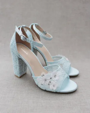 Crochet Lace Block Heel Sandals with White Flowers